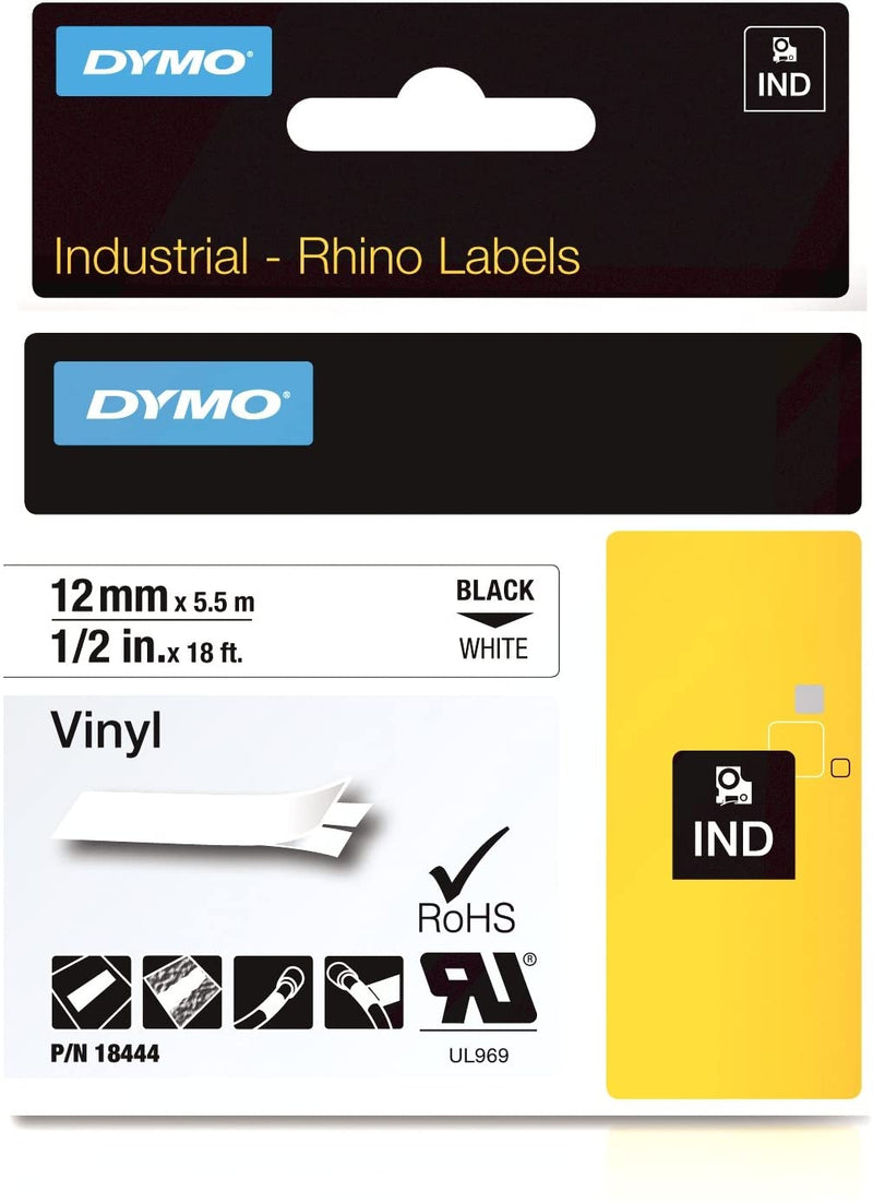 Dymo 18444 Label Cartridge, 1/2 Inch (12mm), Black on White, Vinyl