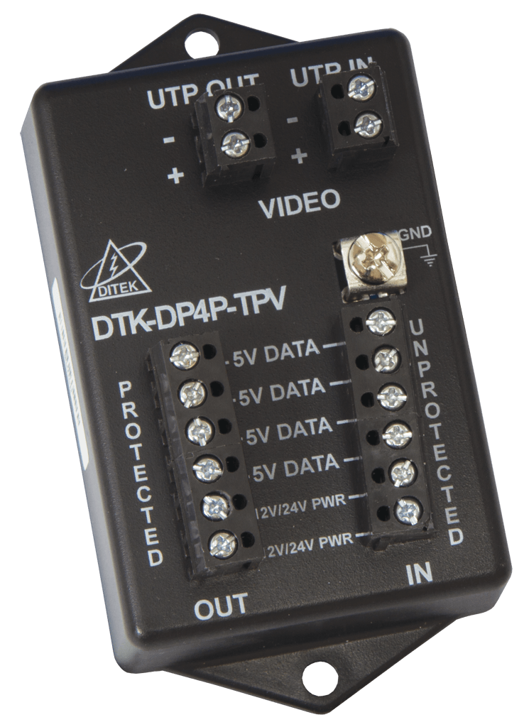DTK-DP4PTPV Ditek PTZ Camera Protection,  12/24VDC Power - UTP In/Out, 6.8V Clamp  - 2 Pair Signal - 6.8V clamp, Supports HD-CVI, AHD, HD-TVI