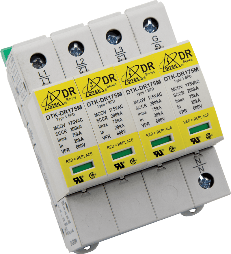 DTK-DR208P4N Ditek 120/208VAC 3 Phase WYE, 4W(+G) including N-G mode, DIN Rail SPD Type 1CA,  UL1449