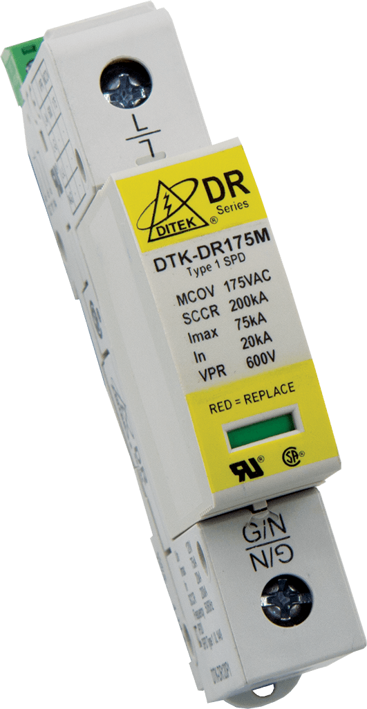 DTK-DR277P1 Ditek 277VAC Single Phase, 2W(+G), DIN Rail SPD Type 1CA,  UL1449