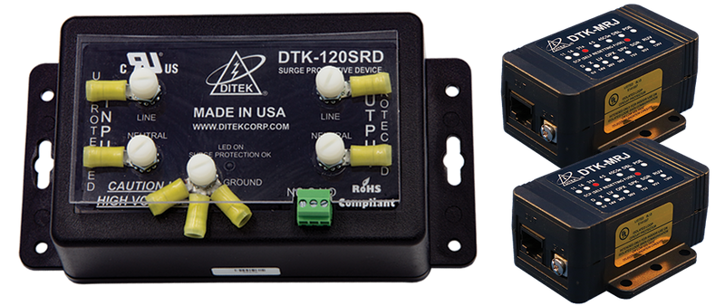 DTK-FPK2 Ditek Fire Alarm Control Panel Protection Kit - (1) 120SRD (120VAC 20A power, hardwired series connection) and (2) MRJ31XSCPWP (RJ45 Mod Jack) for RJ31X dialer circuits.